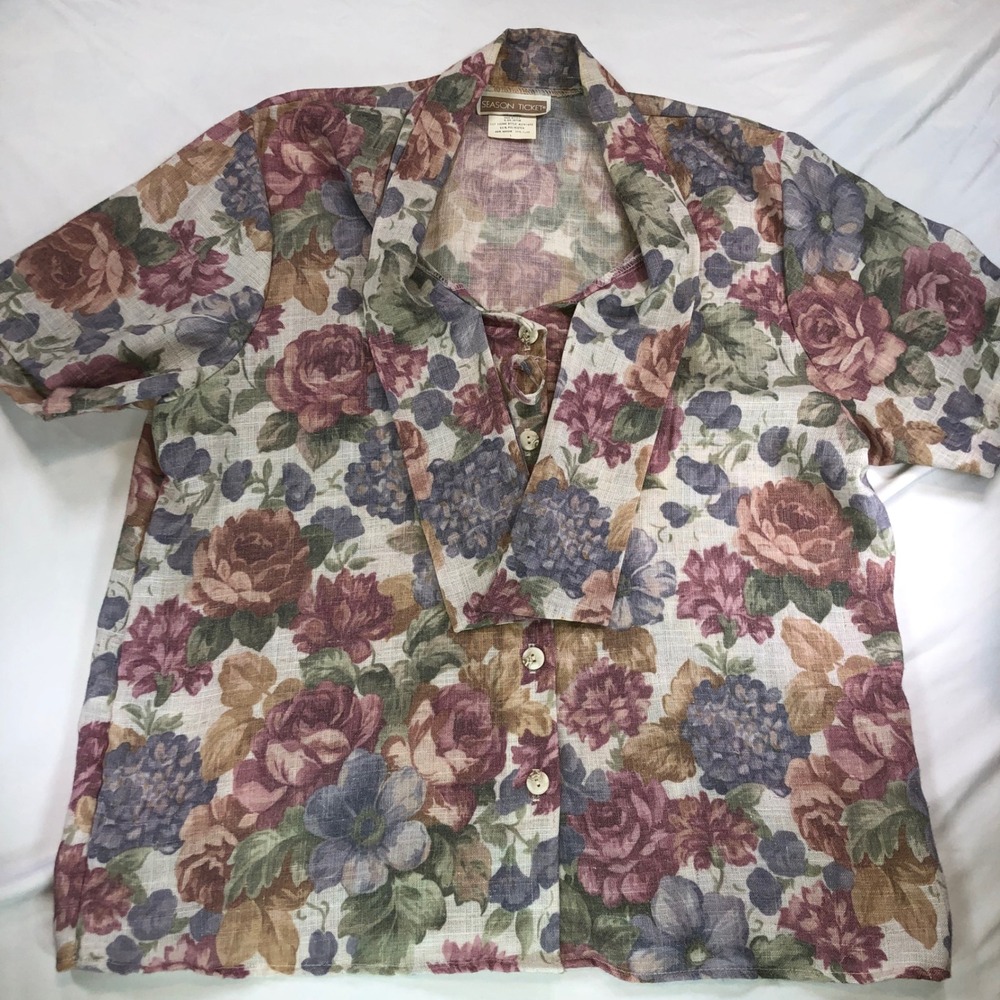 Vintage Season Ticket Floral Tapestry Blouse Short Sleeve Linen Blend Large USA‎